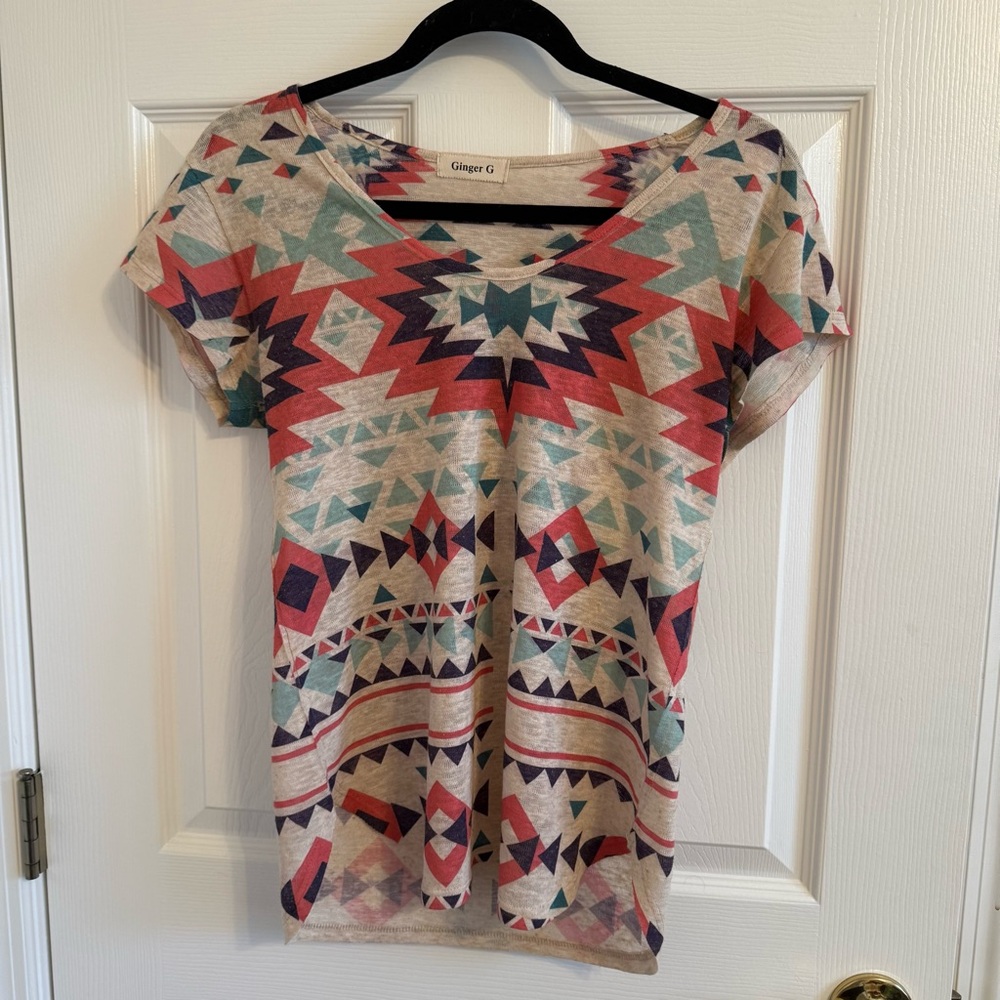 Ginger G Top with Colorful Geometric Shape Accents